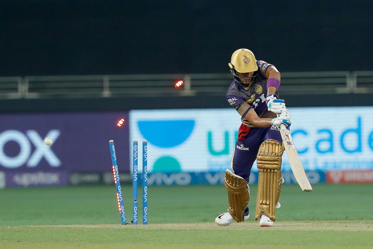 Kolkata Knight Riders opener Shubman Gill is bowled by Punjab Kings pacer Arshdeep Singh.