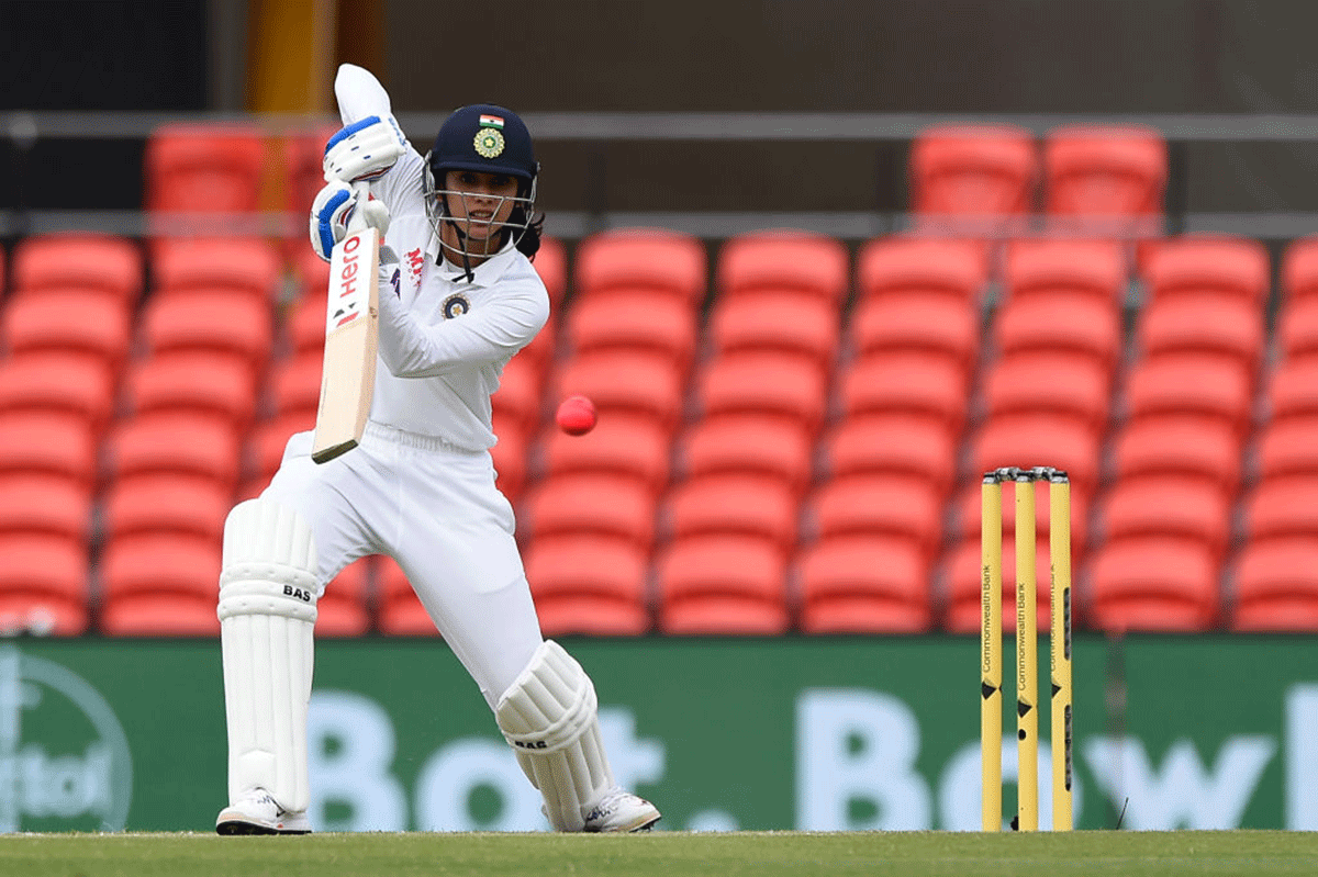 Smriti Mandhana plays a shot through the off side