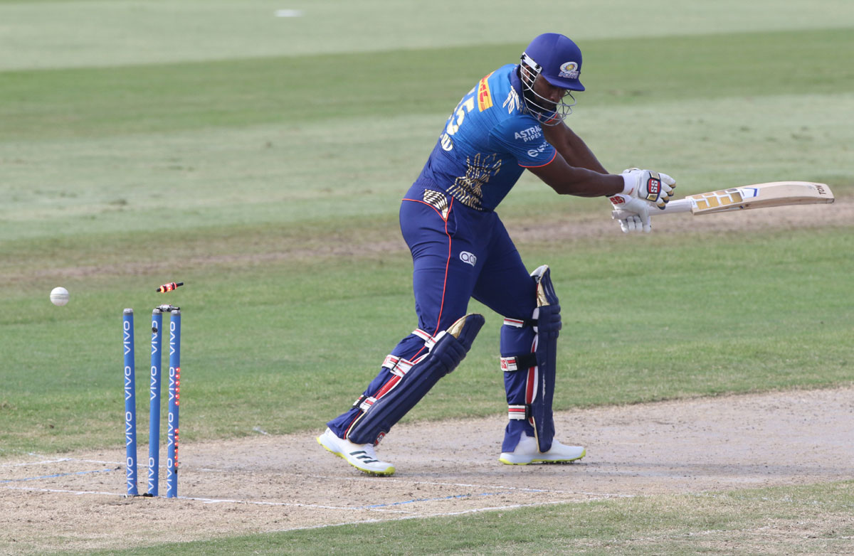 Kieron Pollard is bowled by Anrich Nortje