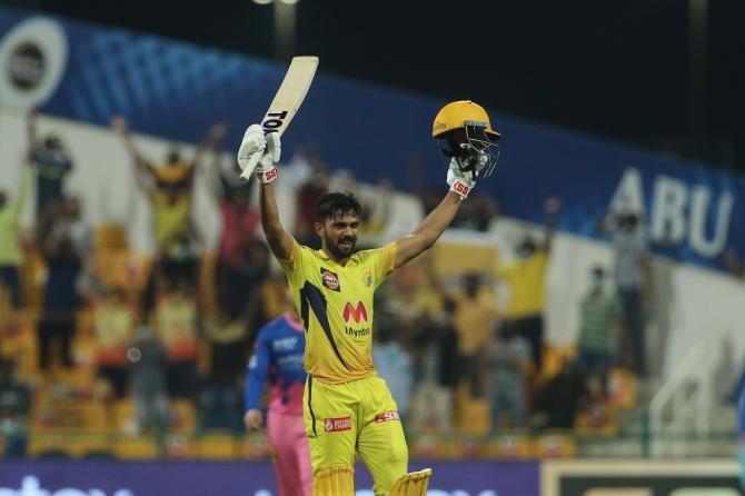 Chennai Super Kings opener Ruturaj Gaikwad celebrates scoring a hundred during the Indian Premier League match against Rajasthan Royals, in Abu Dhabi, on Saturday.