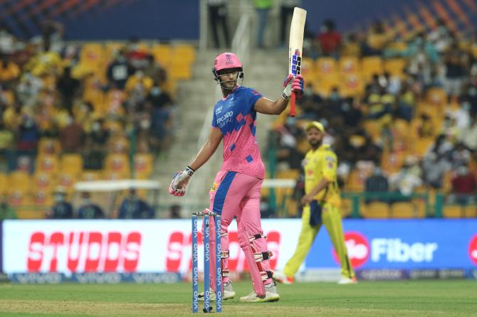 Shivam Dube waves to the Rajasthan Royals dressing room after completing 50.