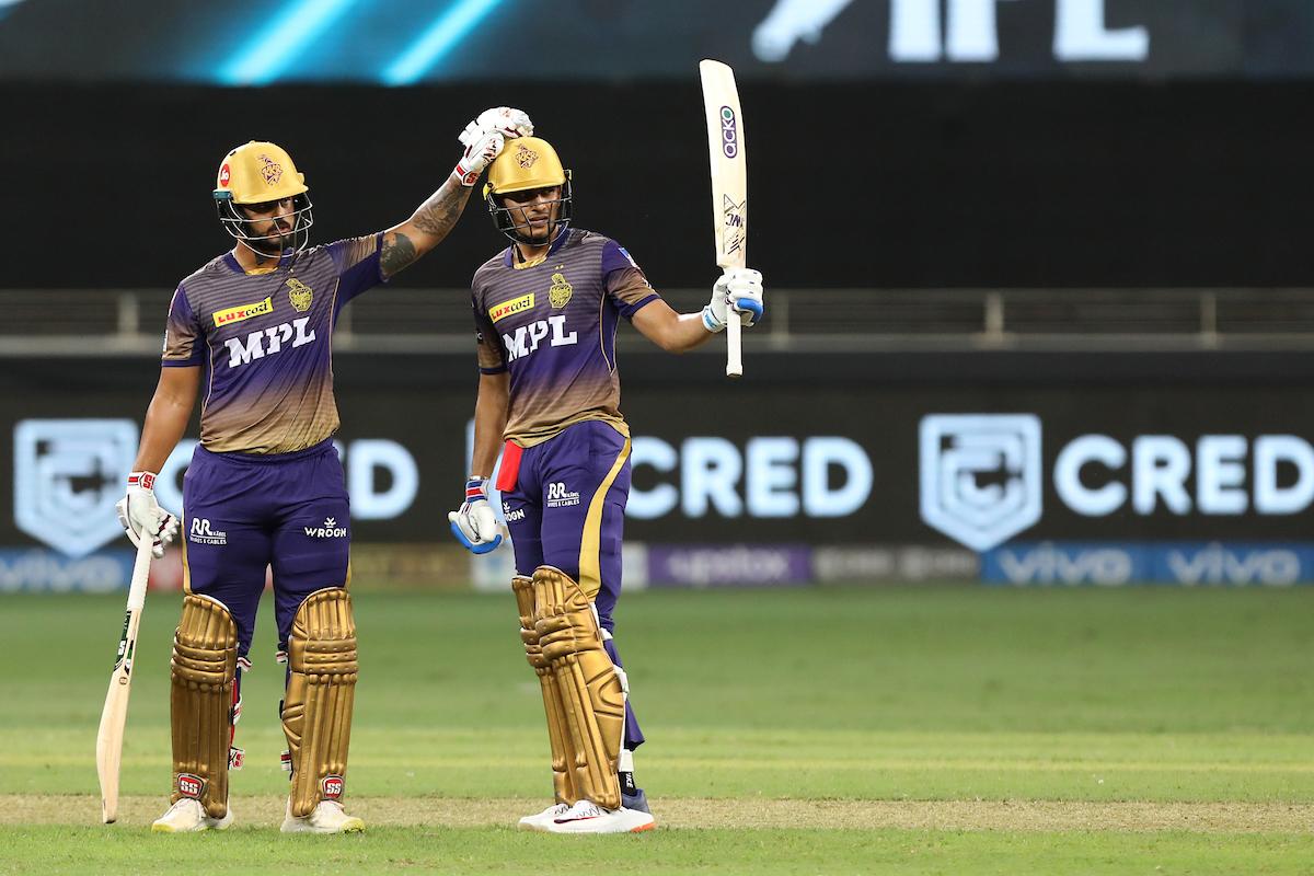 Shubman Gill gets a pat on the back from Nitish Rana after scoring a half-century.