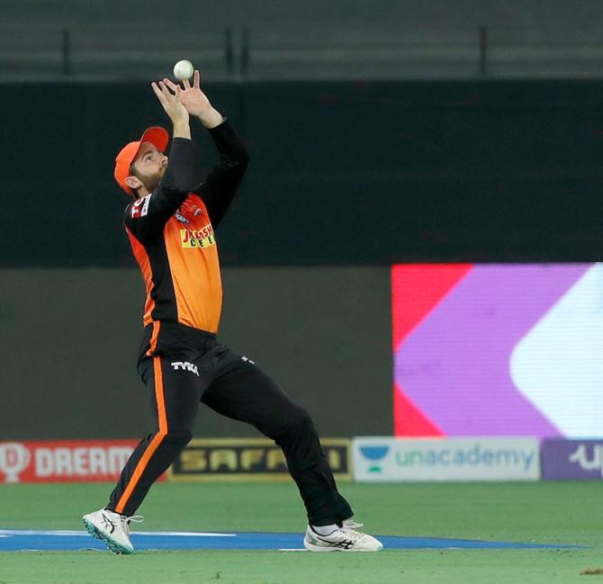 Kane Williamson takes the catch to dismiss Venkatesh Iyer. 