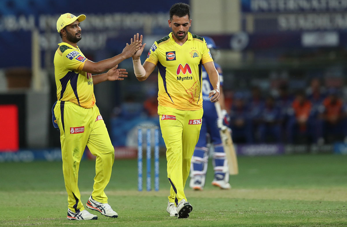 Chennai Super Kings Deepak Chahar is congratulated by teammate Ambati Rayudu after dismissing Prithvi Shaw.