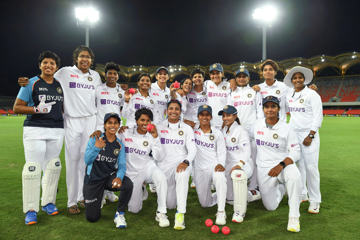 A beaming Indian women's cricket team after drawing the one-off pink-ball Test against Australia in Gold Coast on Sunday  