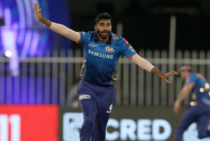 Jasprit Bumrah successfully appeals for the wicket of Evin Lewis.