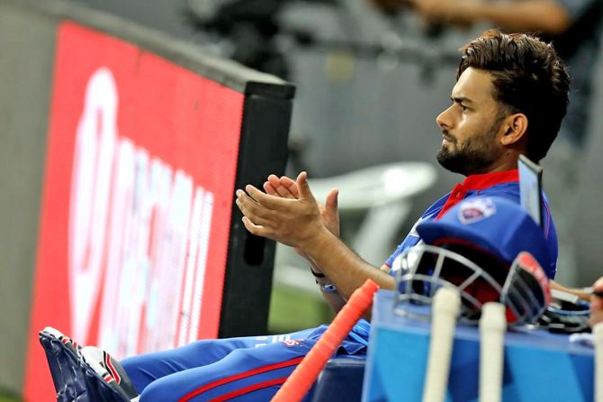 Rishabh Pant applauds from the dug out during the match against CSK on Monday