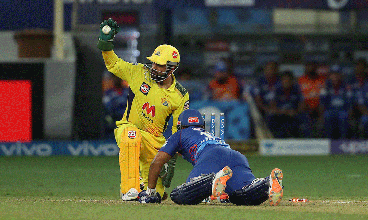 Chennai Super Kings' Mahendra Singh Dhoni attempts to stump out Delhi Capitals' Rishabh Pant during their IPL match on Monday