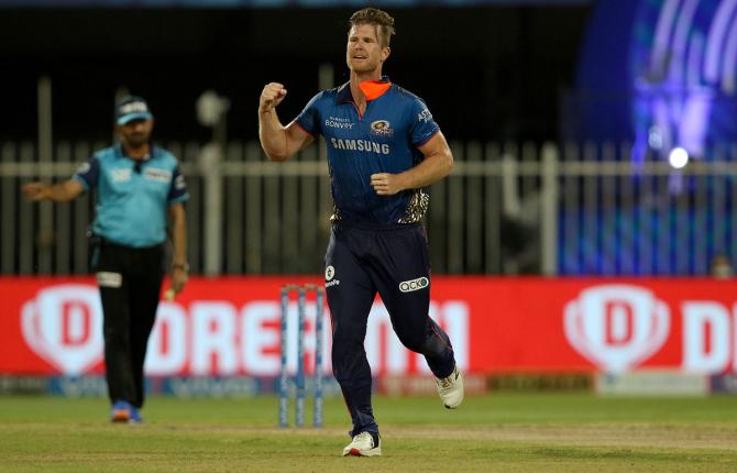 James Neesham celebrates after taking the wicket of Rahul Tewatia.