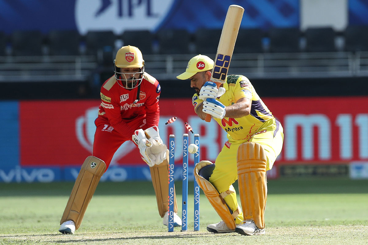 Mahendra Singh Dhoni is bowled by Ravi Bishnoi.