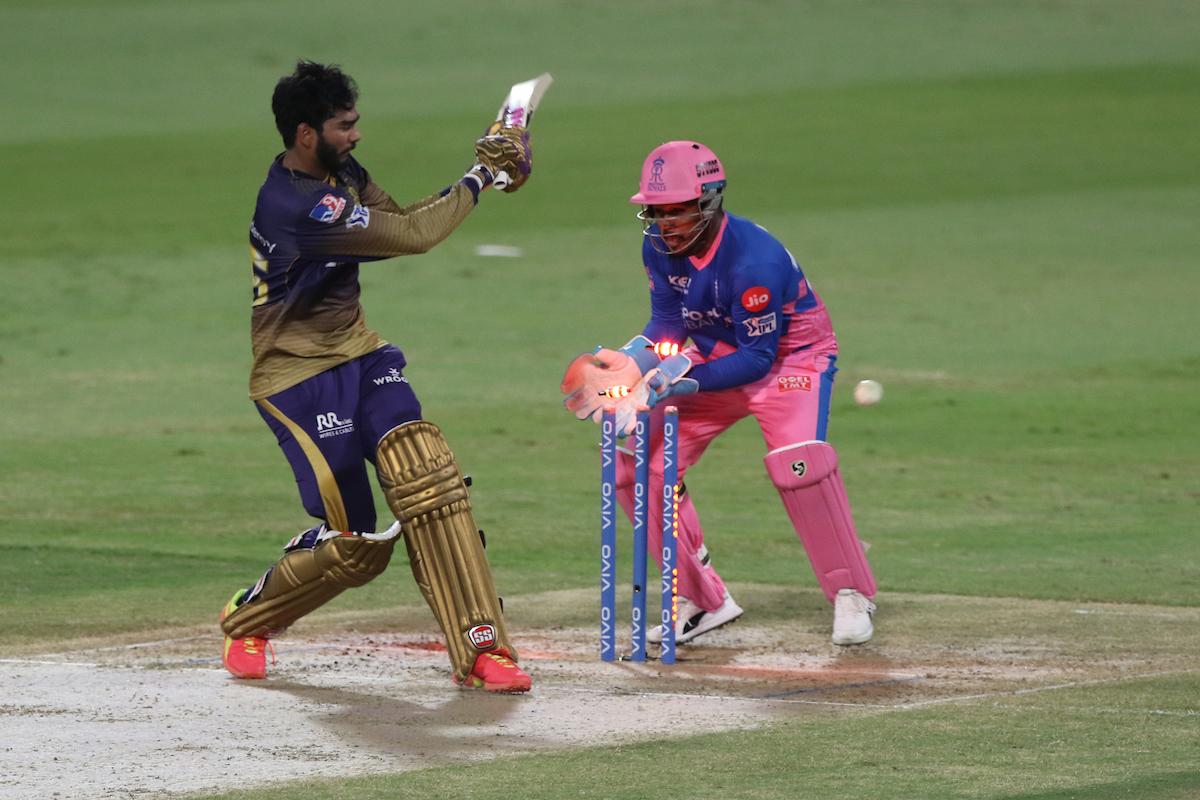 Kolkata Knight Riders opener Venkatesh Iyer goes for a big hit and is bowled by Rahul Tewatia.