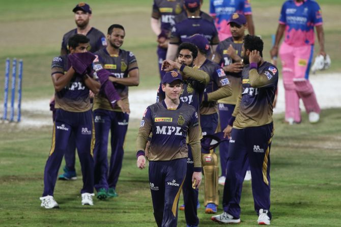 Skipper Eoin Morgan leads Kolkata Knight Riders off the field after a thumping victory over Rajasthan Royals in the Indian Premier League match, in Sharjah. on Thursday.