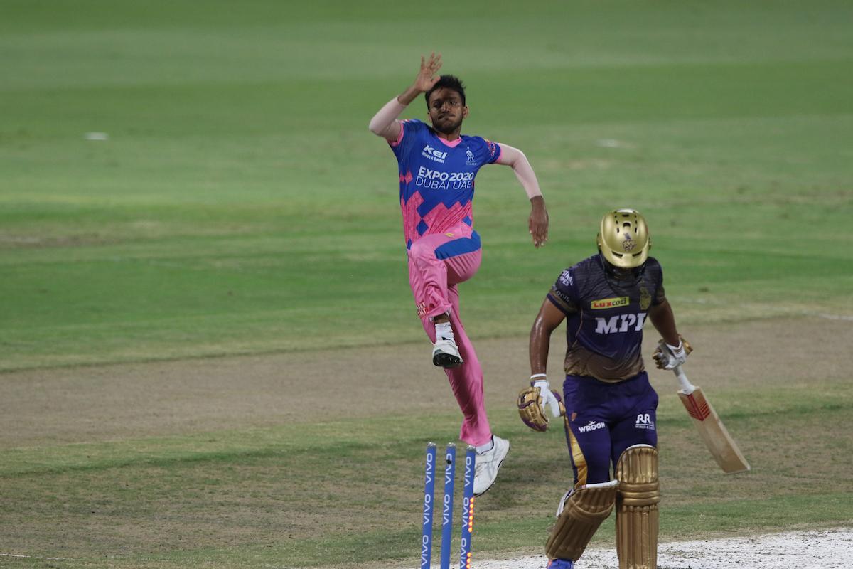 Chetan Sakariya celebrates the wicket of Rahul Tripathi.