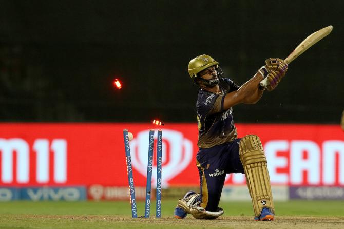 Rahul Tripathi is bowled by Chetan Sakariya.