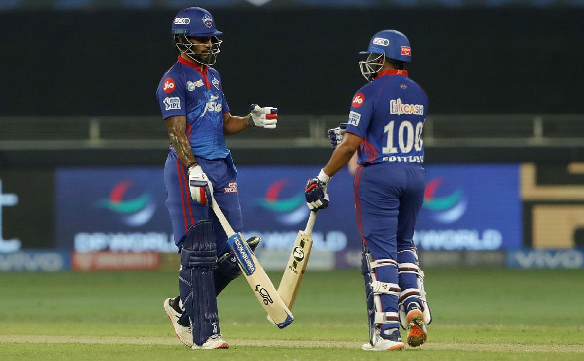 Delhi Capitals openers Prithvi Shaw and Shikhar Dhawan celebrate a boundary during their 88-run partnership.