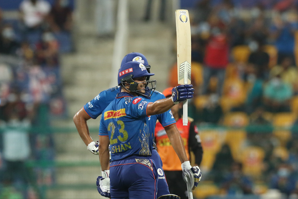 Ishan Kishan acknowledges the applause from the stands after scoring the fastest 50 in IPL 2021, off 16 balls.