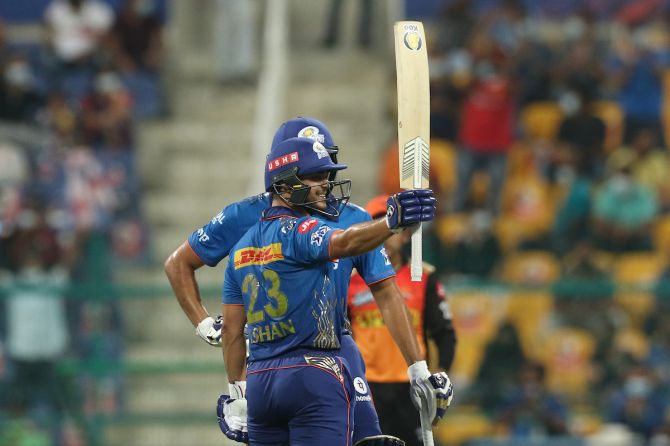 Ishan Kishan acknowledges the applause from the stands after scoring the fastest 50 in IPL 2021, off 16 balls.