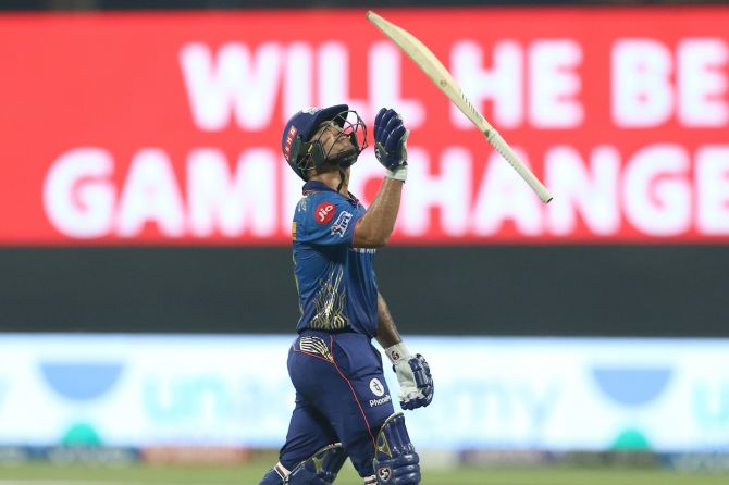 Ishan Kishan reacts after being dismissed by Umran Malik for whirlwind 84 off 32 balls.