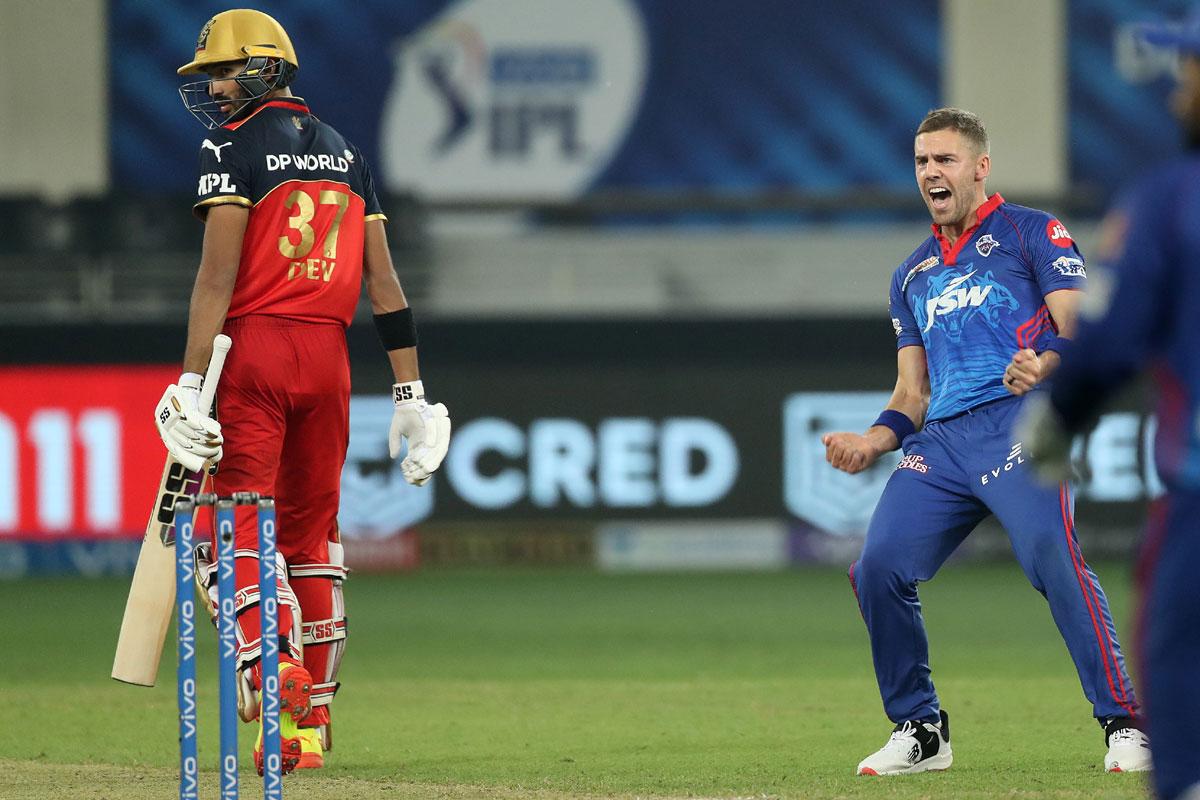 Anrich Nortje celebrates the wicket of Devdutt Padikkal. 