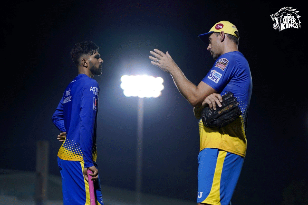 CSK coach Stephen Fleming and Ruturaj Gaikwad have a chat during a nets session on Saturday