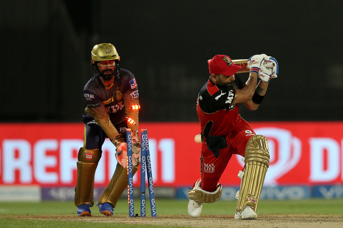 Virat Kohli is bowled by Sunil Narine.