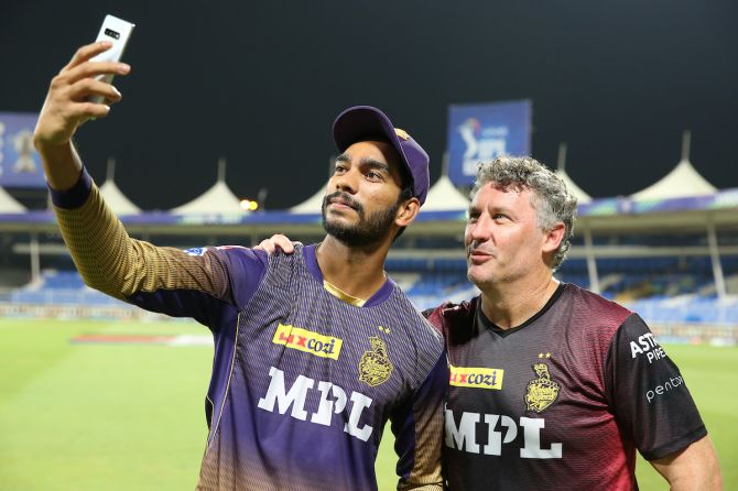 Kolkata Knight Riders chief mentor David Hussey and young batting sensation Venkatesh Iyer are all smiles after making a final of Indian Premier League 2021, in Sharjah, on Wednesday.