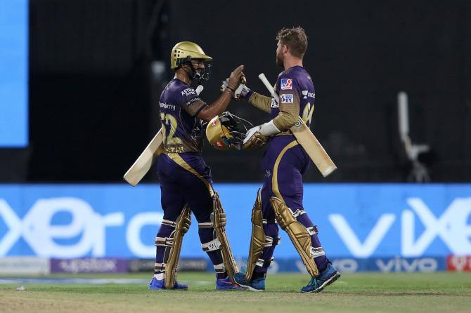 Rahul Tripathi and Lockie Ferguson celebrate victory.