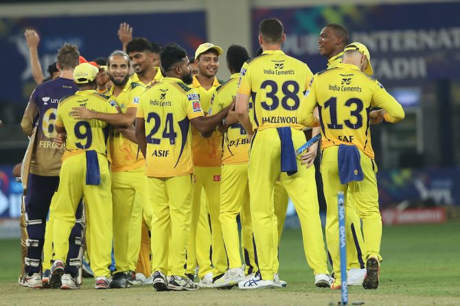 Chennai Super Kings players celebrate after defeating Kolkata Knight Riders in the final of the Indian Premier League, in Dubai, on Friday. 