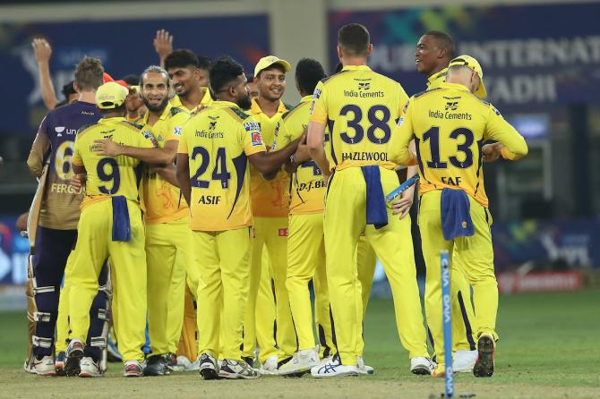 Chennai Super Kings players celebrate after defeating Kolkata Knight Riders in the final of the Indian Premier League, in Dubai, on Friday. 