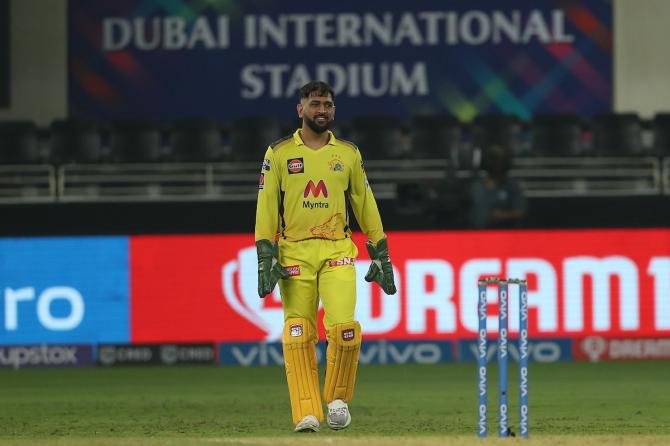 Chennai Super Kings captain Mahendra Singh Dhoni reacts after victory is clinched.