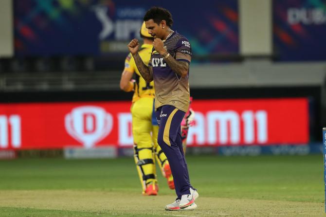 Sunil Narine celebrates after dismissing Ruturaj Gaikwad.