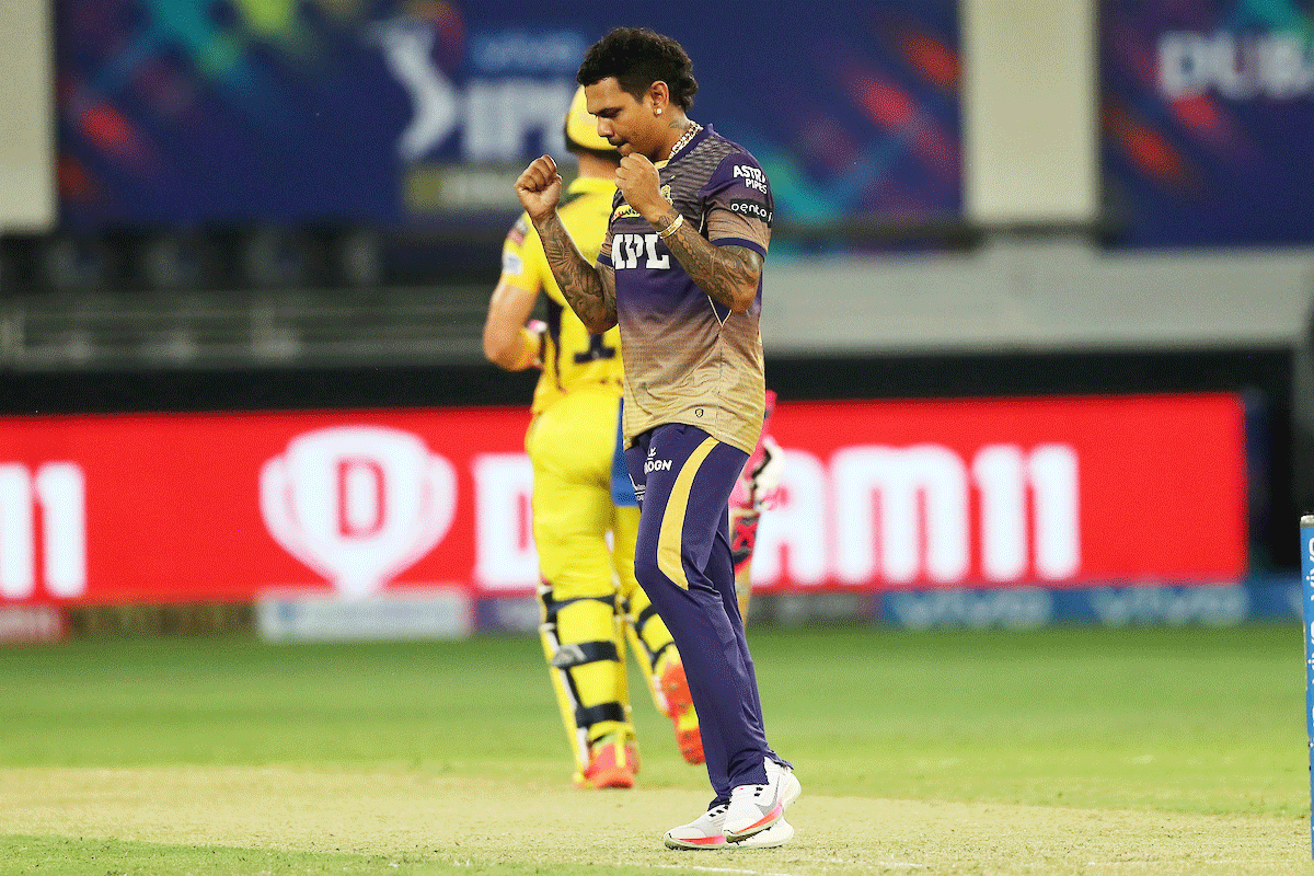 KKR's Sunil Narine celebrates on dismissing CSK's Ruturaj Gaekwad