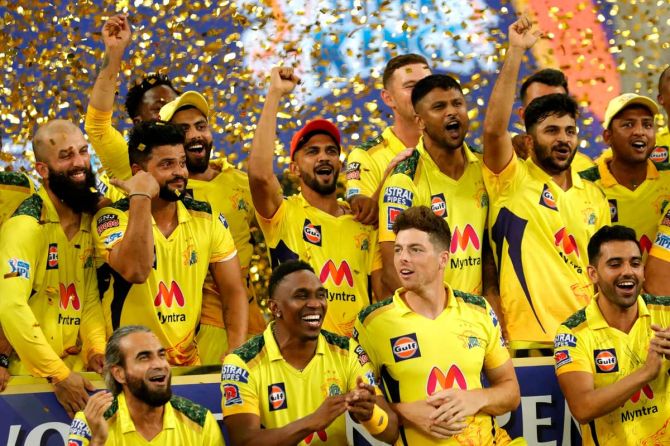 Celebrations as Chennai Super Kings win IPL 2021. Photograph: BCCI