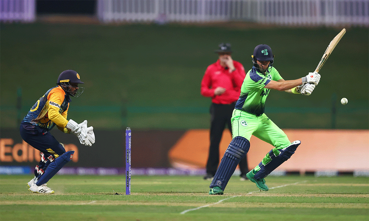 Andrew Balbirnie bats during his 53-run stand with Curtis Campher