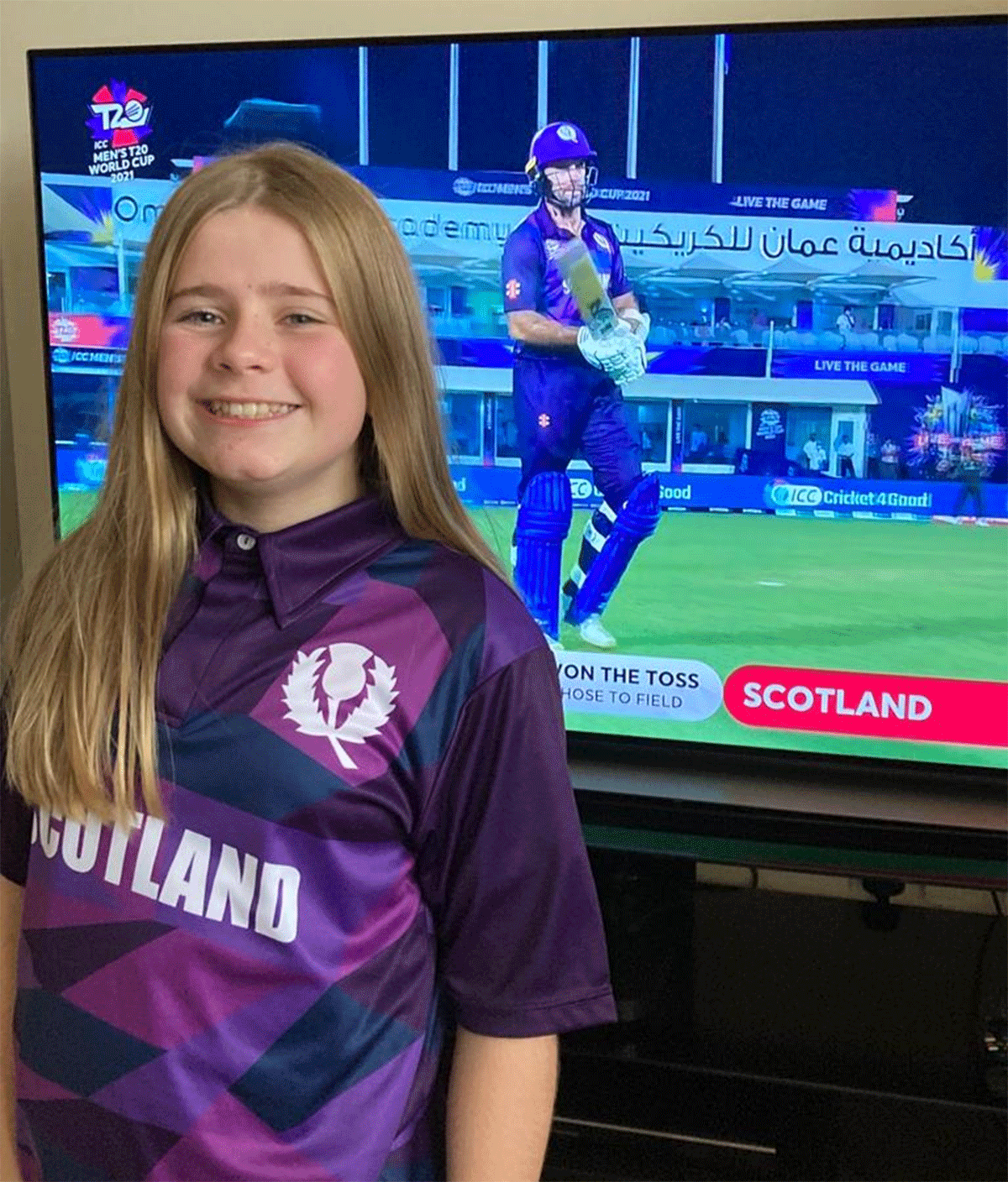Cricket Scotland took to social media to thank Rebecca Haddington for her efforts in making the jersey while posting images of her wearing the kit and supporting the team during their first match against Bangladesh.