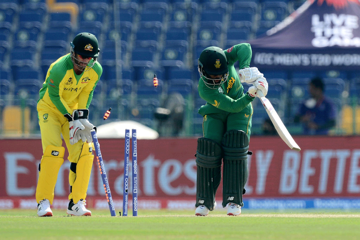 South Africa captain Temba Bavuma is bowled by Glenn Maxwell