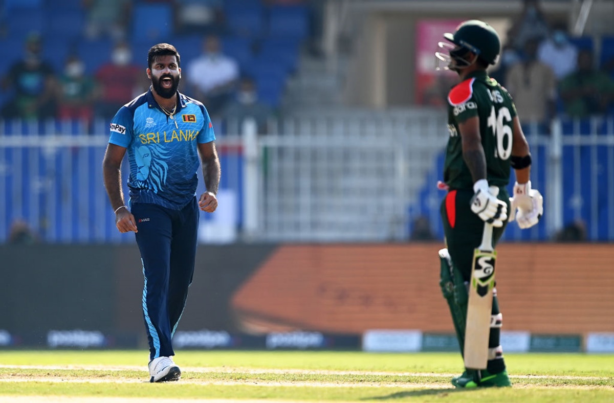 Sri Lanka pacer Lahiru Kumara celebrates the wicket of Bangladesh opener Liton Das.