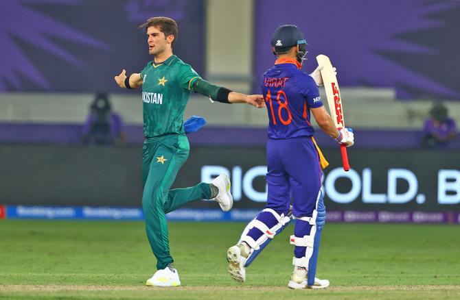 Pakistan's Shaheen Shah Afridi celebrates on dismissing Virat Kohli in their T20 World Cup opening match in Dubai on Sunday 