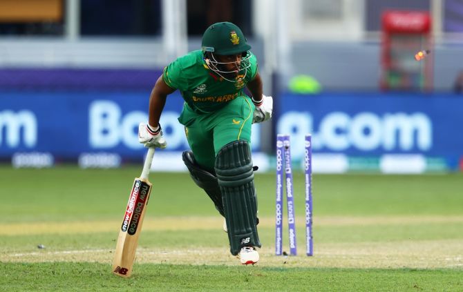 South Africa opener Temba Bavuma is run-out by Andre Russell.