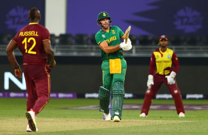 South Africa's Aiden Markram clobbered 4 sixes and 2 fours during while scoring 51	off 26 balls during the T20 World Cup match against the West Indies, at Dubai International Stadium, on Tuesday. 