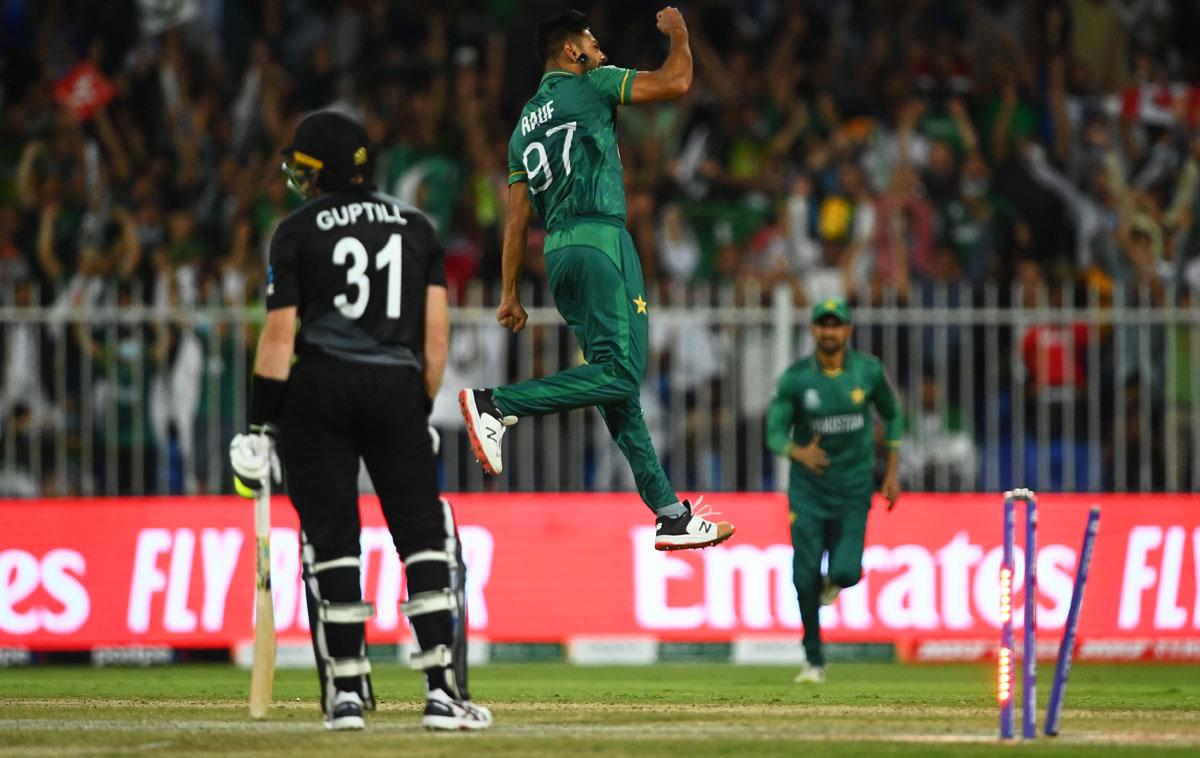 Pakistan's Haris Rauf celebrates after dismissing New Zealand opener Martin Guptill. 