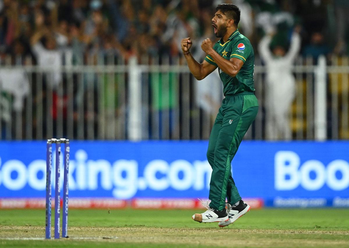 Haris Rauf celebrates the wicket of Glenn Phillips.