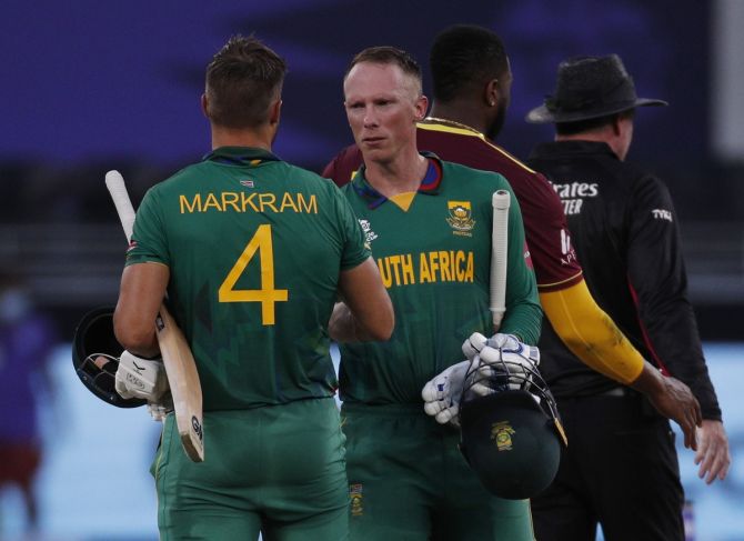 Rassie van der Dussen and Aiden Markram celebrate after steering South Africa to victory over the West Indies in the T20 World Cup Super 12s match in Dubai, on Tuesday.