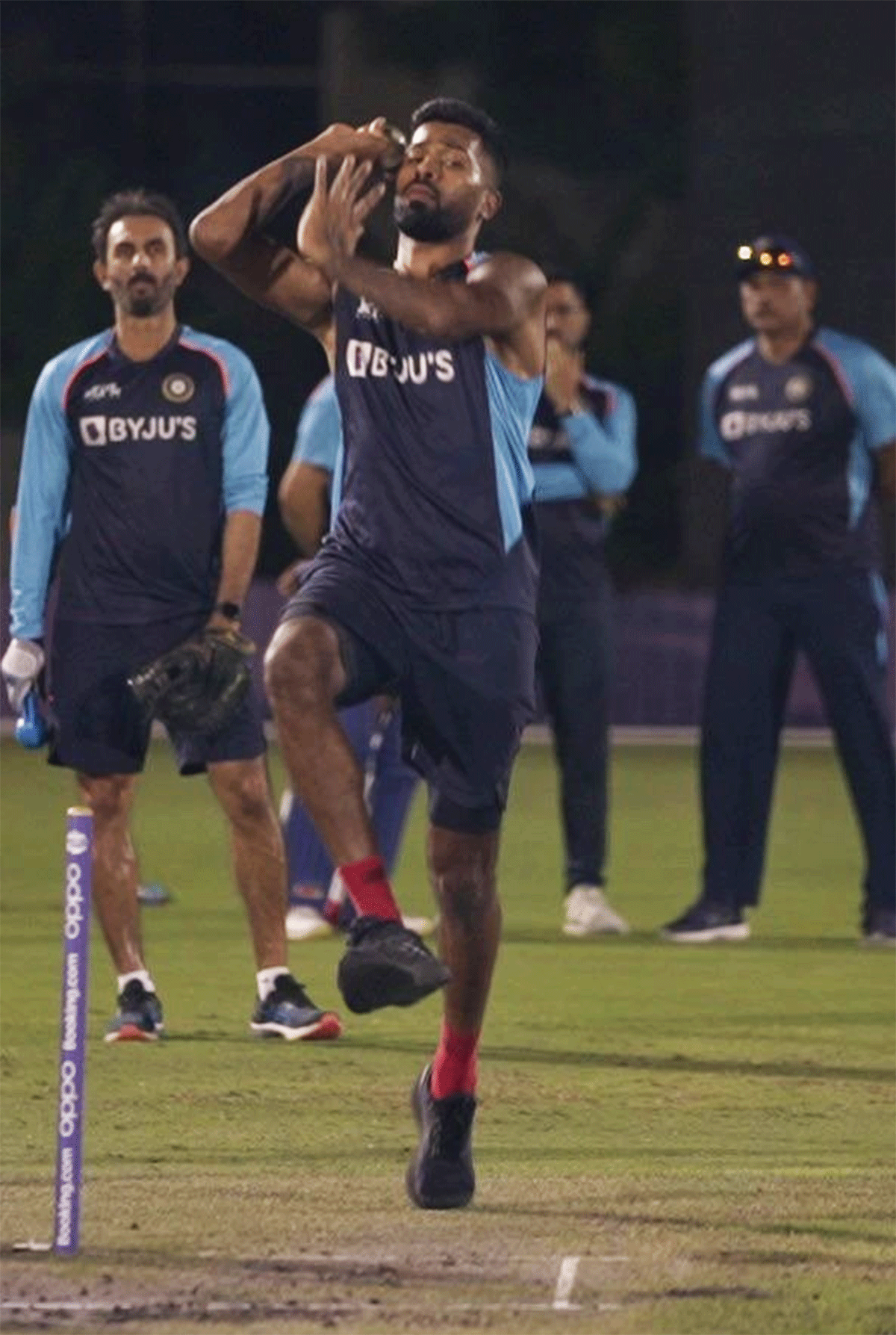 Hardik Pandya bowls in the nets at a practice session on Wednesday