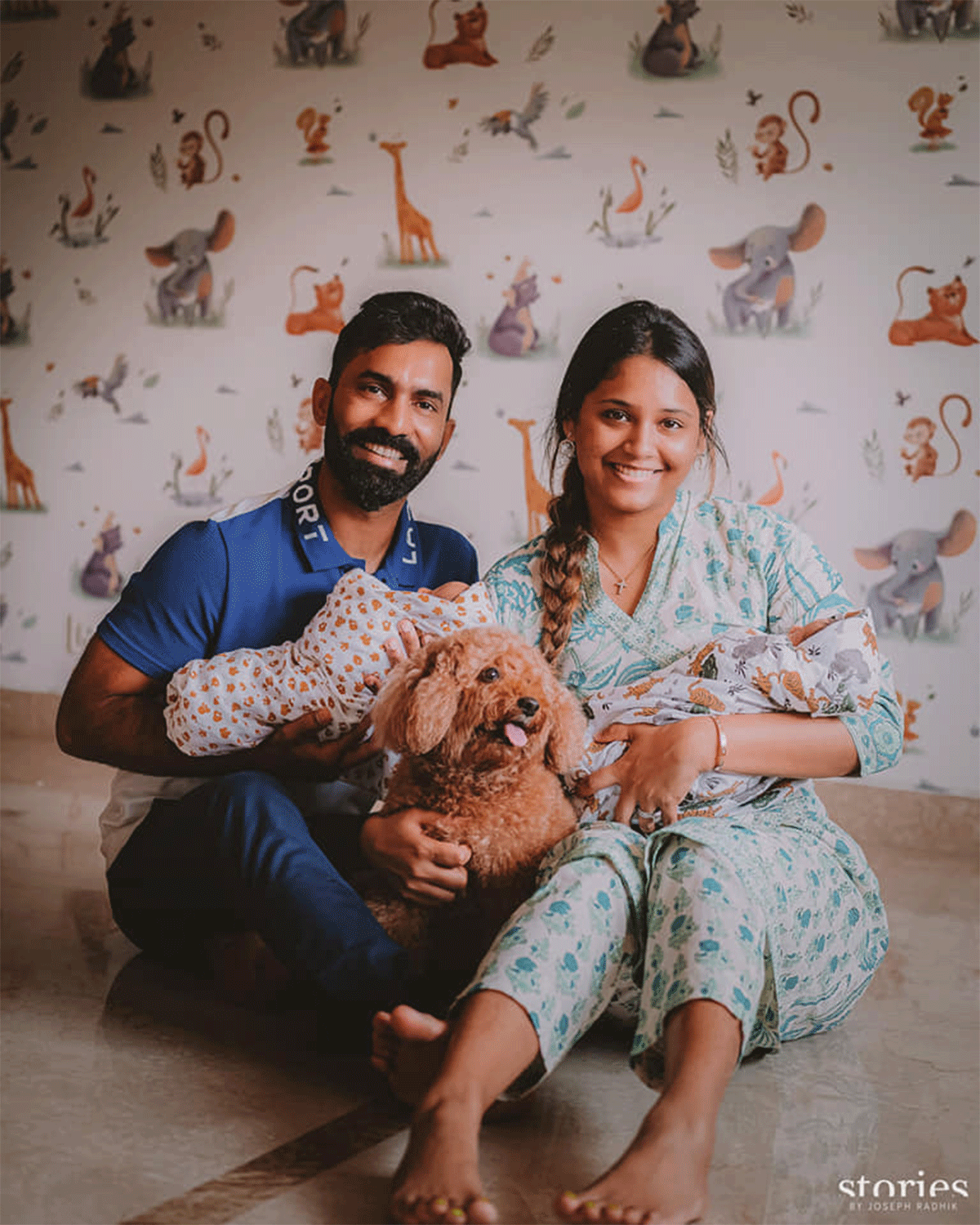 Dinesh Karthik and Dipika Pallikal with their twin sons and their pet dog