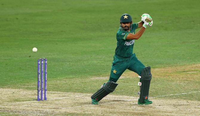 Pakistan opener Babar Azam dispatches the ball to the boundary.
