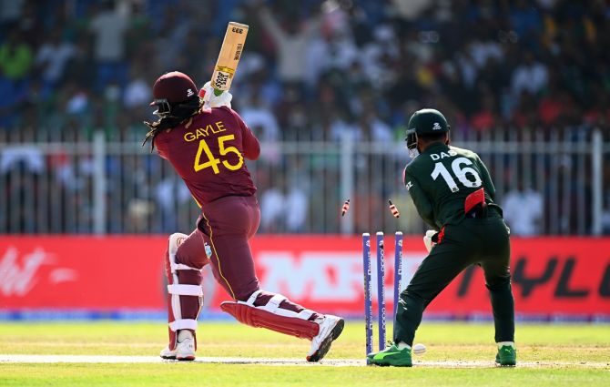 West Indies opener Chris Gayle is bowled by Bangladesh spinner Mahedi Hasan.