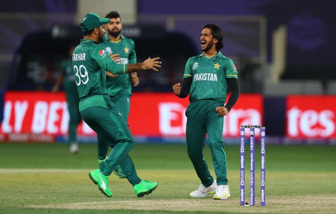 Hasan Ali celebrates the wicket of Rahmanullah Gurbaz.
