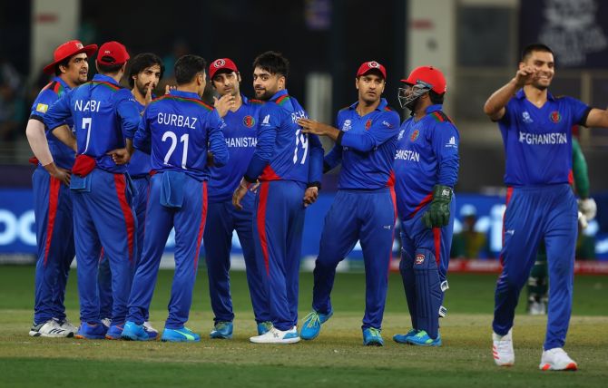 Rashid Khan celebrates with his Afghanistan teammates after dismissing Mohammad Hafeez.
