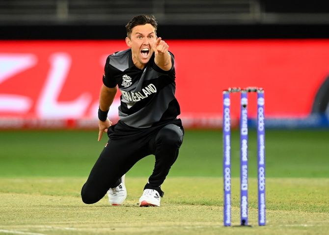 New Zealand pacer Trent Boult, who bagged three wickets for 20 runs, appeals for the wicket of India opener Ishan Kishan (not in picture).